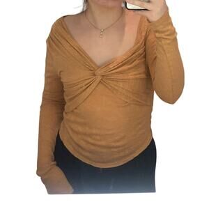 Free People Light Orange Sweetheart Neckline Front Twist Long Sleeve Top